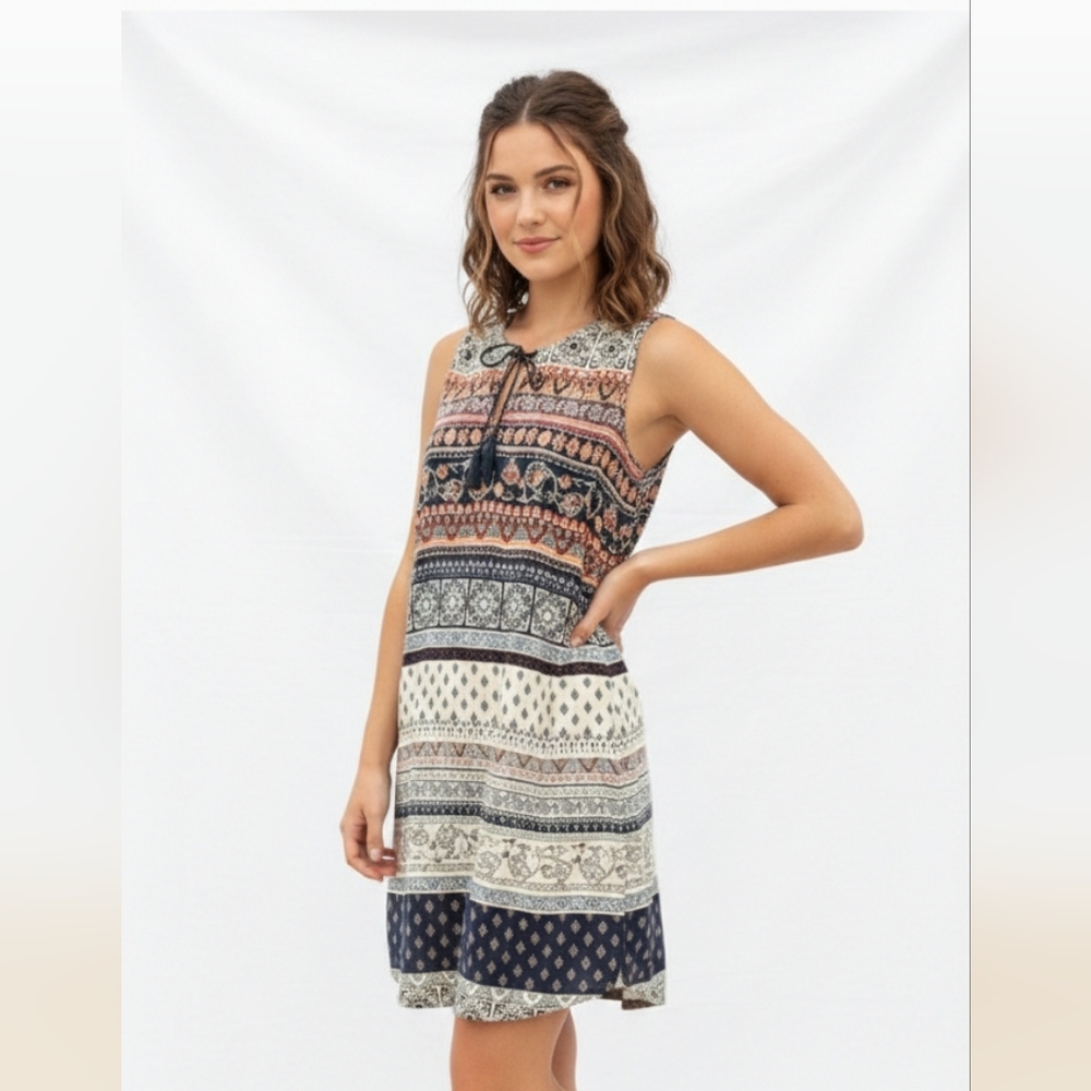 BeachLunchLounge Blue Cream Boho Shift Dress Sleeveless Festival Hippie S